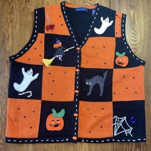 Karen Scott Halloween Orange Knit Sweater‎ Vest XL Checkerboard Pumpkin Buttons